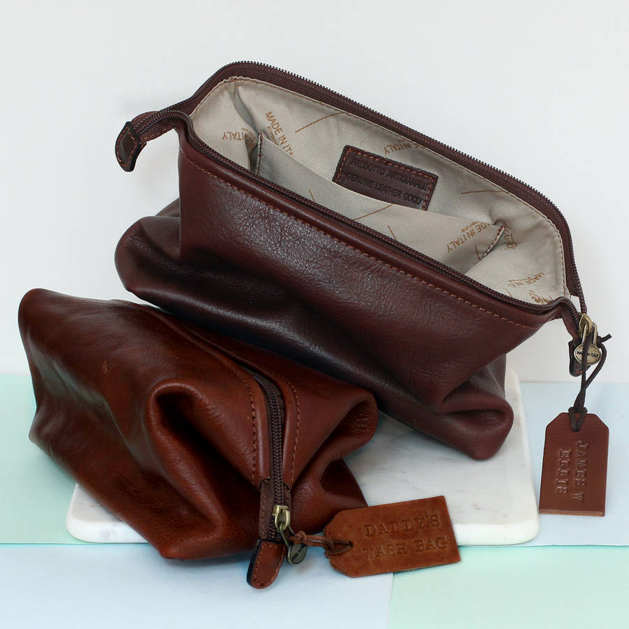 leather wash bag personalised